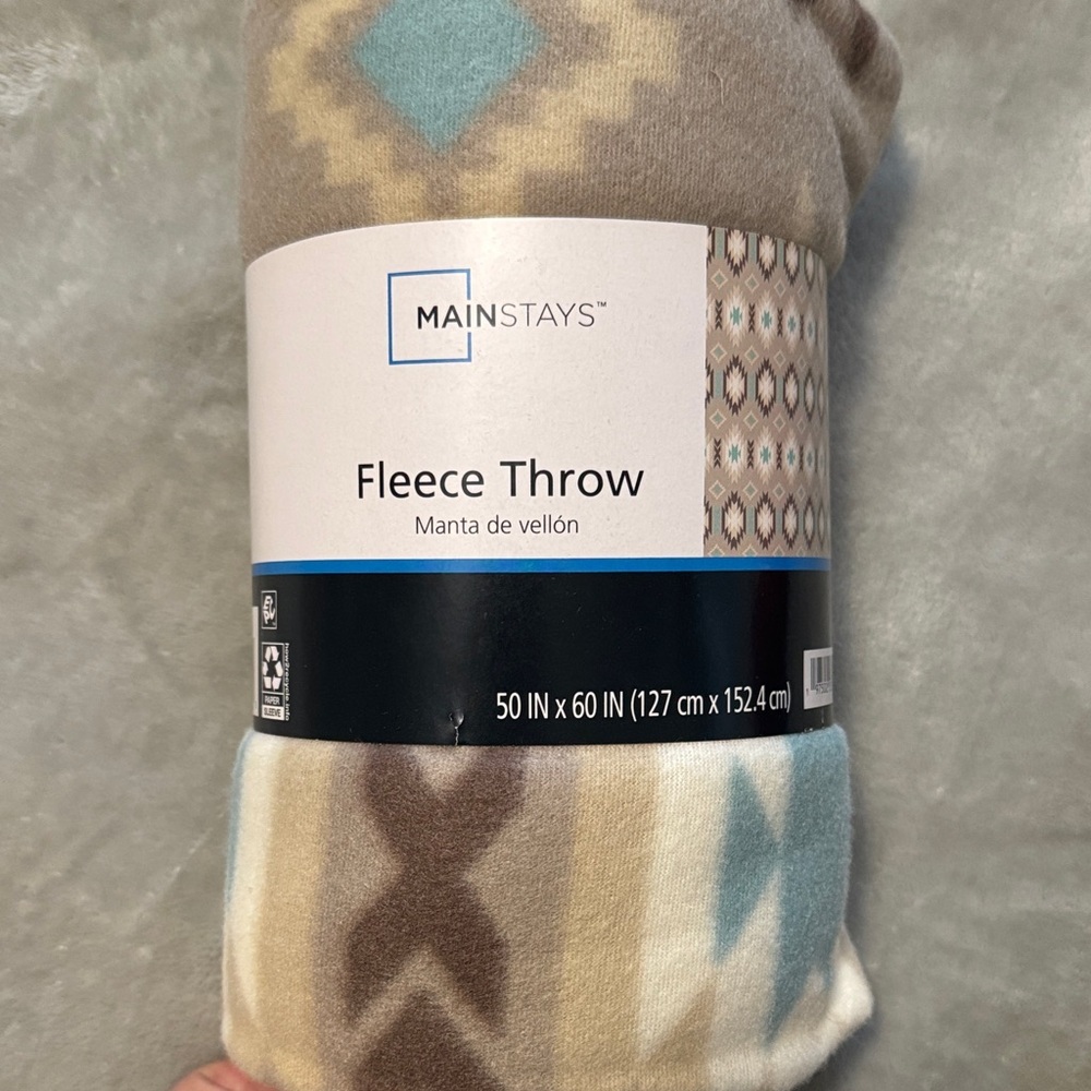 Mainstays Geometric Fleece Throw Blanket - Tan, Cream, Blue 50 IN x 60 IN